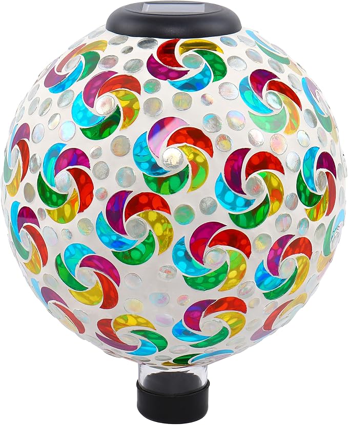 SAVENNA Mosaic Solar Gazing Ball 10 Inch, Glass Garden Globe with Auto On/Off for Yard, Lawn & Outdoor Decor, Multicolor Mosaic