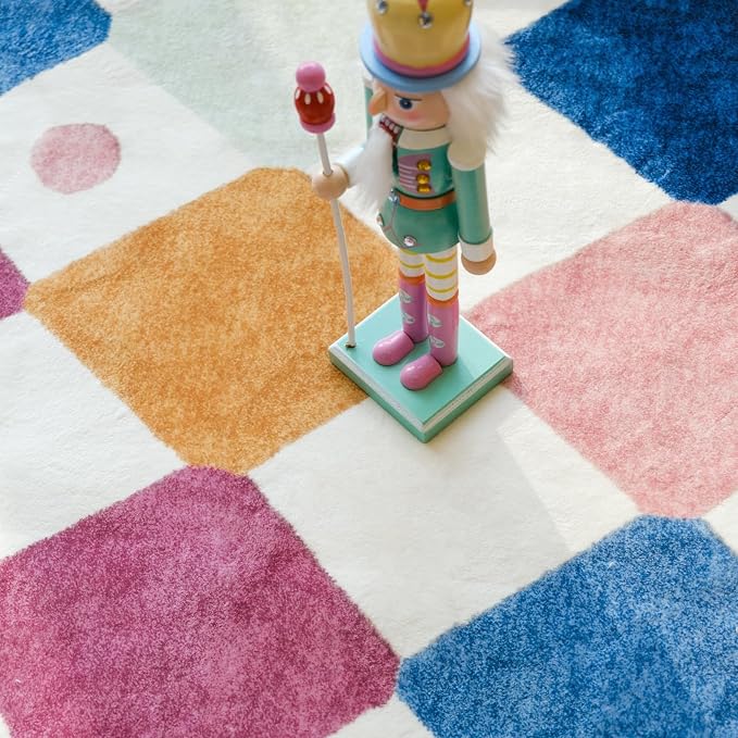 jinchan 5x7 Nursery Rug Washable Kids Rug Colorful School Classroom Berries | Soft, Non-Slip, Cute, Kid-Friendly, Modern Checkered Diamond Design, Play Mat, Playroom, Bedroom, Dorm, Daycare, Living Room