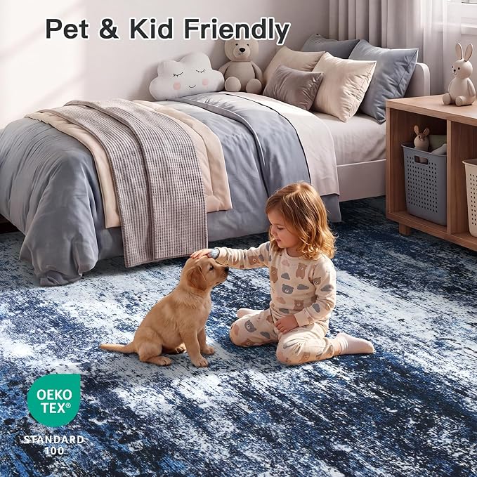 8x10 Area Rug for Living Room, Abstract Washable Large Rugs, Blue Gray | Soft Neutral Carpet for Bedroom, Dining Room, Home Office Nursery Indoor, Stain Resistant, Non-Slip, Low Pile Modern Rug