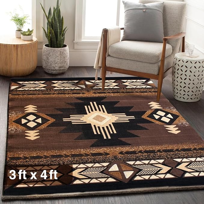 YHSF South West Native American Area Rug C318 - Easy Clean, Thick, Soft, Durable Native Tribal American Indian Inspired Rug for Bedroom/Living Room and more - Chocolate Brown, 3 Feet x 4 Feet 7 Inches