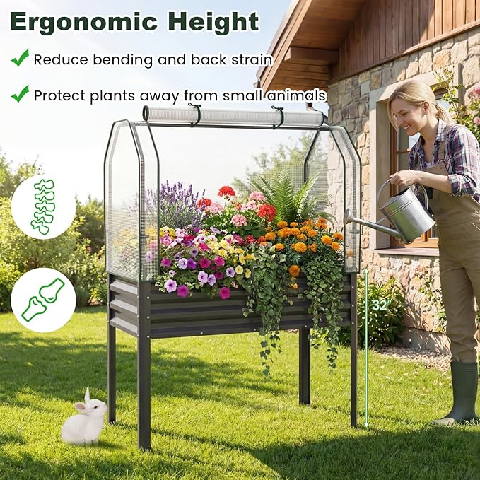 Giantex Raised Garden Bed with Legs & Greenhouse Cover, 44x22x60 Elevated Metal Planter Box with Roll-up Door, Outdoor Mini Greenhouse for Vegetable Flower Herb Patio Balcony (Black,1)