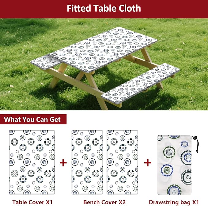 6ft Picnic Table and Bench Cover, Camping Essentials RV Gear, 72 in Waterproof Windproof Outdoor Elastic All Around Tablecloth, Fitted Rectangle Tables and Seats, Blue Flywheel