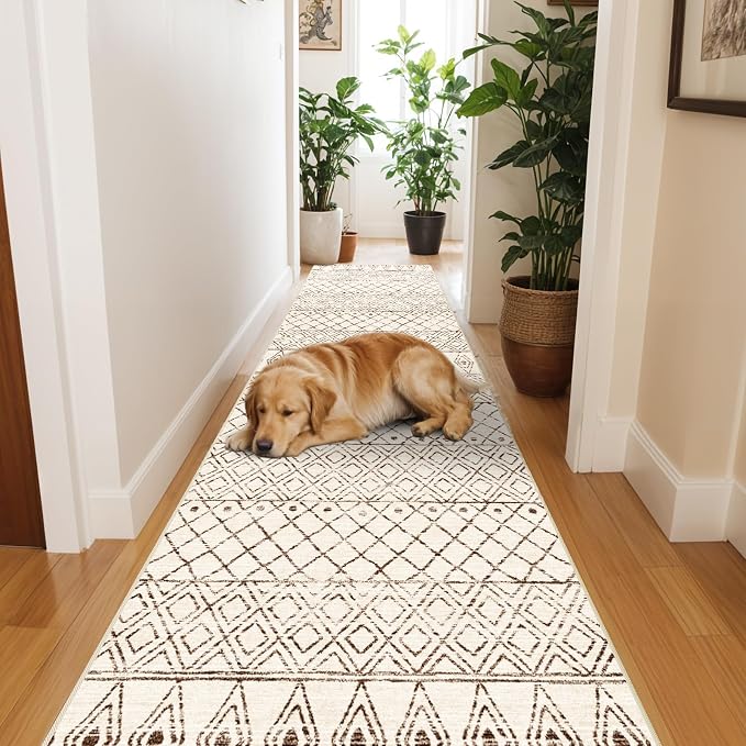 2'x6' Hallway Runner Rug Washable: Non Slip Moroccan Runners Beige | Geometric Low Pile Floor Carpet with Rubber Backing Farmhouse Kitchen Mat Indoor Rugs for Front Door Living Room