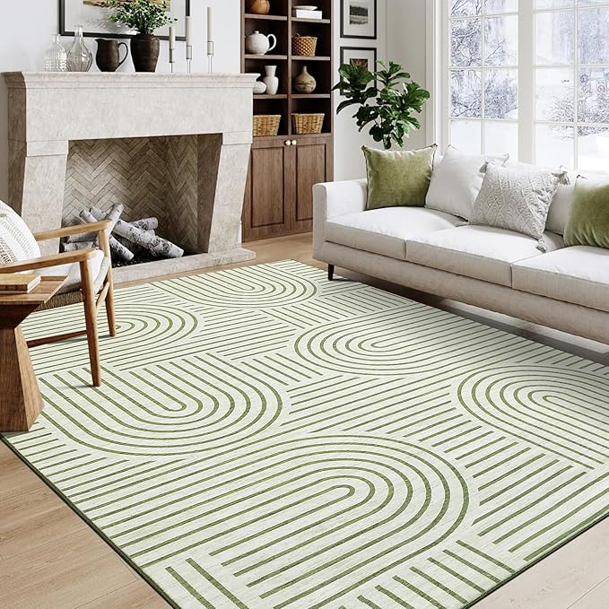ROYHOME Modern Washable Rug 6x9 Area Rugs for Living Room Non Slip, Green | Abstract Rug for Bedroom, Rainbow Throw Rugs with Rubber Back, Low Pile Stain Resistant Boho Geometric Carpet for Dining Room
