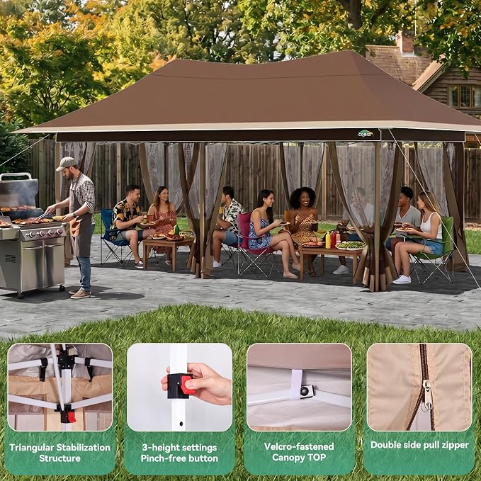 COBIZI 10x20 Pop up Canopy Tent -12x20 Gazebo, Party Tents for Parties, Carpas para Fiestas, Large Outdoor Popup Patio Screened Gazebos, Shelter Tents with Net for Backyard, Commercial,Brown