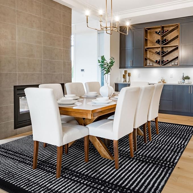 Rugshop Contemporary Stripe Lines High Traffic Area Rug Black 7'10" x 10' | Rectangular, Size 7'10" x 10', Living Room, Bedroom, Dining Room, Home Office, Kitchen, Entryway, Hallway, Nursery, Kids Room
