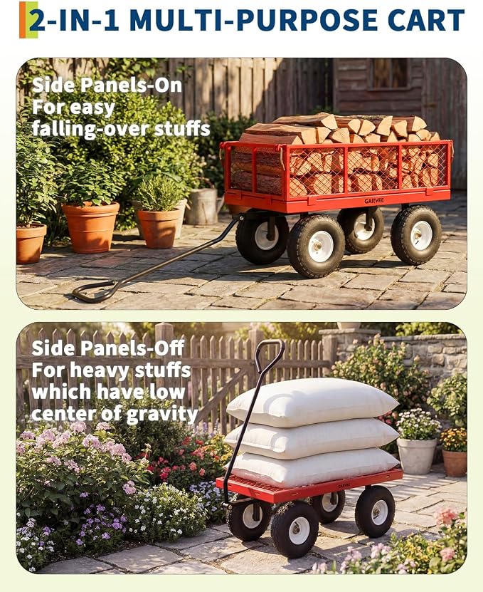 Garvee Versatile Outdoor Utility Cart - 400LBS Heavy-Duty, 10" All-Terrain Pneumatic Tires, Easy Maneuverable Lawn Cart with Removable Mesh Panels for Gardening & Landscaping,Red