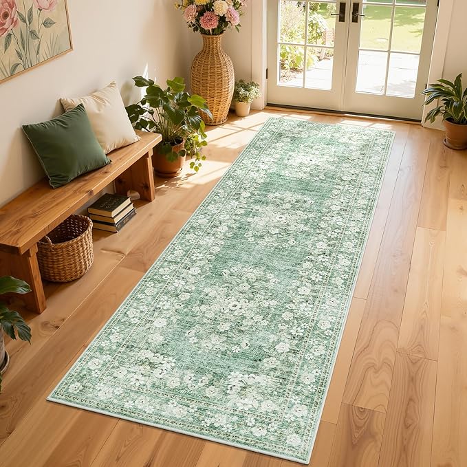 GarveeHome 2x10 Vintage Runner Rug for Kitchen Botanical Throw Floor Cover | Machine Washable Low Pile Leaf and Flower Long Rugs for Entryway Distressed Non-Slip Beige Carpets Floral Rug for Bathroom