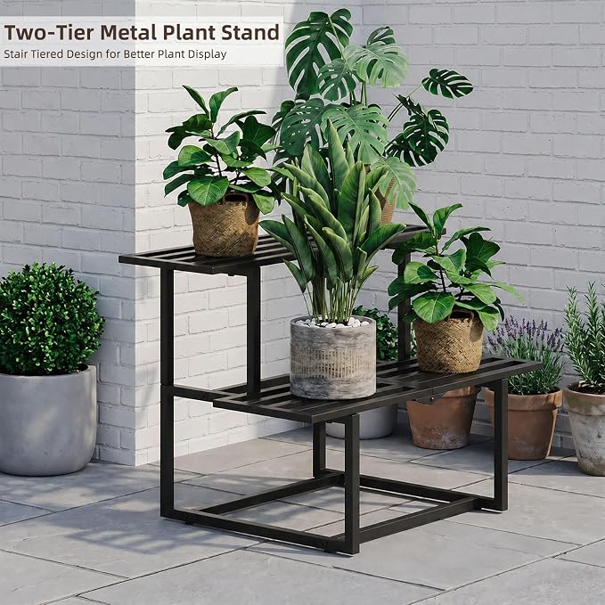Plant Stand Indoor Outdoor, Foldable Metal Plant Shelf for Multiple Pots, Vintage Slatted Design, Suitable for a Variety of Houseplants and Gardens, Heavy Duty Capacity 330 lbs 2 Tier Black