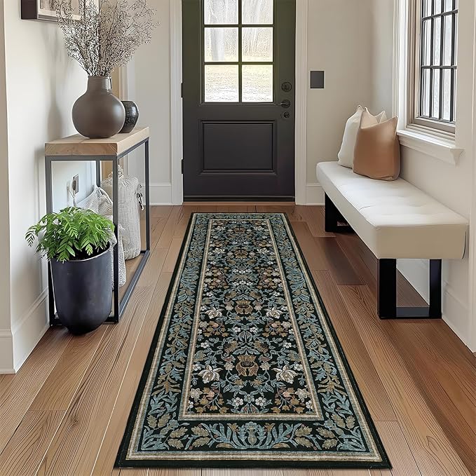 GarveeHome 2.5x8 Runner Rug Non Slip Washable Hallway Runners Blue Black | Boho Vintage Runner Rugs with Rubber Backing Soft Low-Pile Stain Resistant Indoor Long Carpet for Entryway Bedroom Laundry