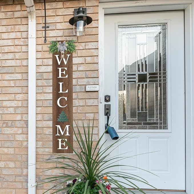 Interchangeable Welcome Sign for Front Door Standing 47"X8" with 12 Pcs Designed Icons Outdoor Front Porch Tall Garden Patio Signs Large Vertical Leaner Vertical Wood Frame Outside Decor (Wood)