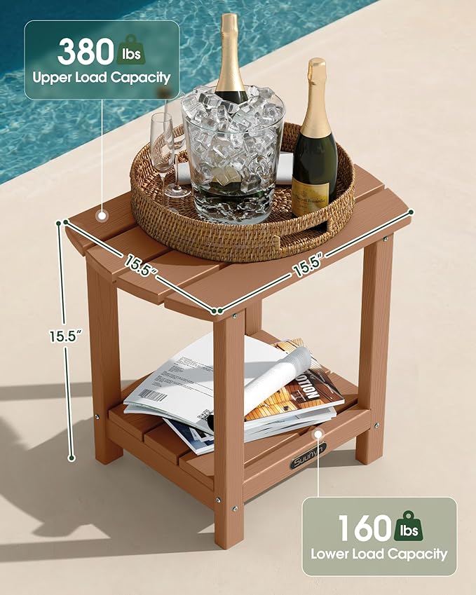 Outdoor Side Table – 2-Tier HDPE Adirondack Side Table, Sturdy Small Outdoor Tables, Weather-Resistant & Easy Assembly Patio End Tables for Garden, Balcony, Porch & Poolside (Teak)