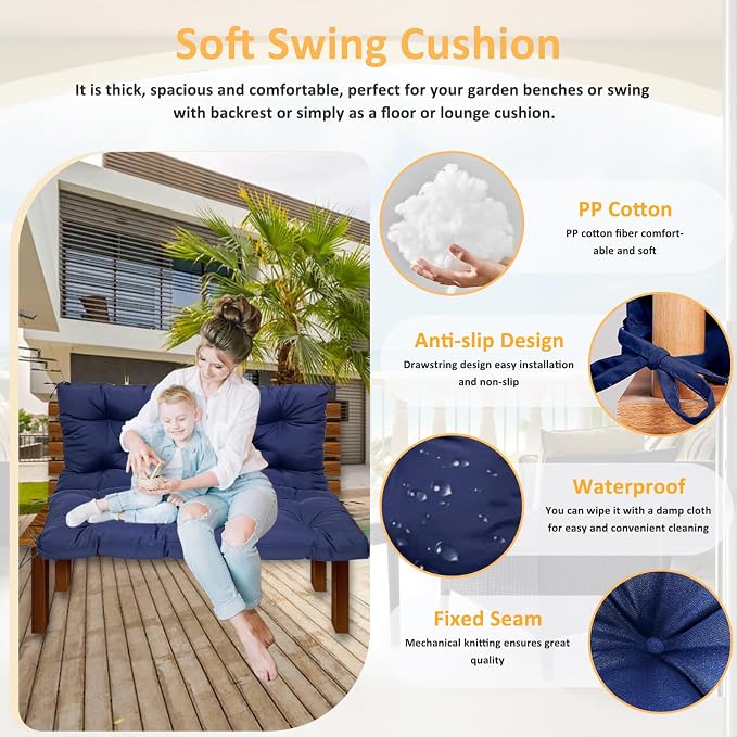 Swing Replacement Cushions for Outdoor: 2-3 Seater Waterproof Porch Bench Cushion with Backrest and Ties - 4" Thick Swing Cushion for Garden Patio Backyard Loveseat
