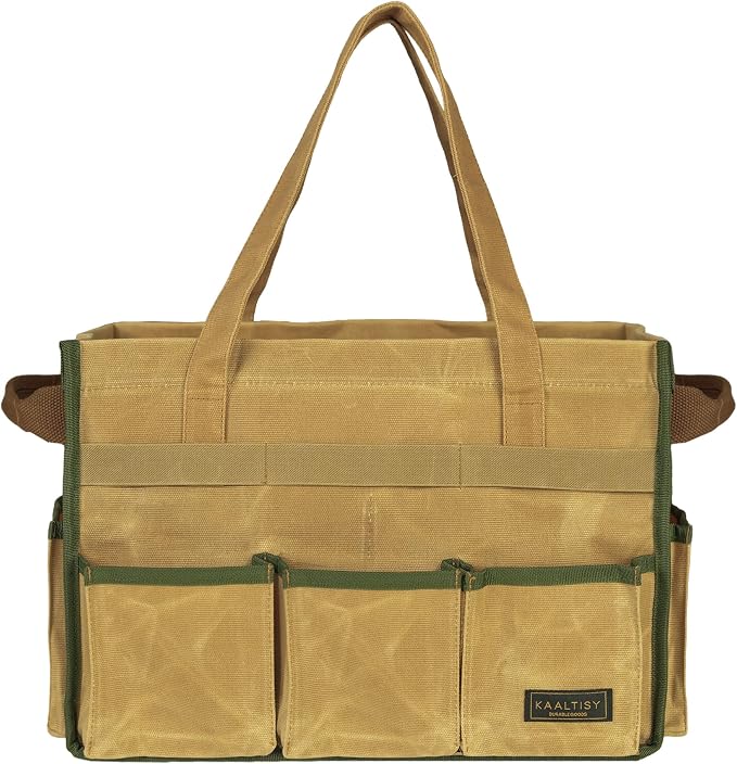 Canvas Tool Bag, 16OZ Waxed Canvas Tool Tote Bag with Metal Zipper & 12-Pocket Design, Multi-Purpose Garden Tool Storage Tote for Electrician Gardener Plumber | Khaki | 14.5"L x 7.5"W x 10"H