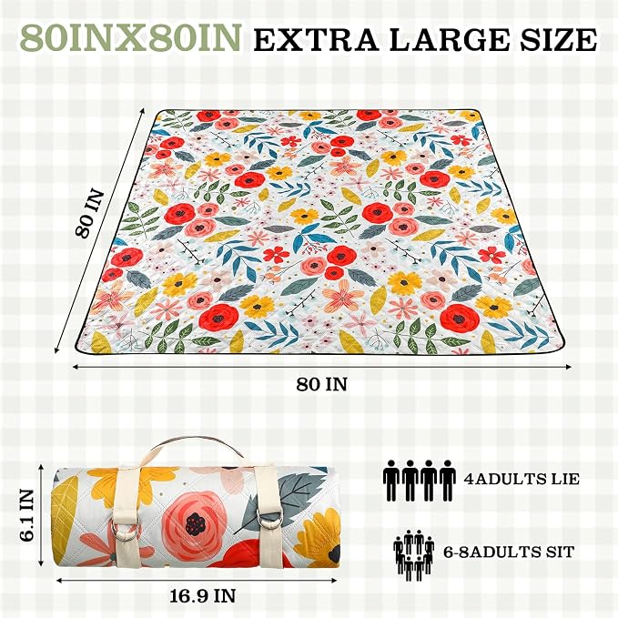 Tegeme Beach Picnic Blanket Floral Waterproof Outdoor Blanket 80''x80'' Extra Large Portable Sandproof Machine Washable 3 Layer Thick Gingham Picnic Mat for Beach Camping Park Grass(Beige)