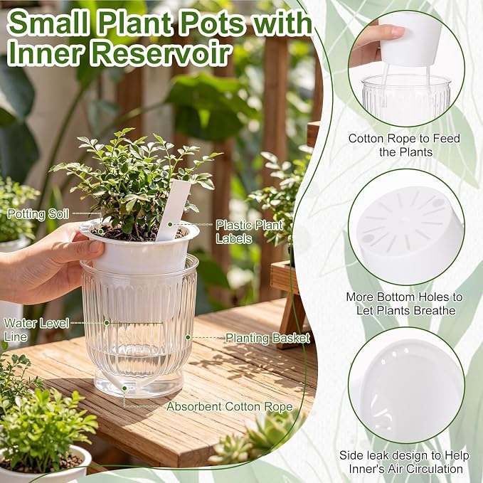 20 Sets 4 Inch Self Watering Pots Bulk Small Plant Pots with Inner Reservoir, Clear Self Watering Wick Planter Plastic Plant Labels for Indoor Succulents Herbs Flowers Pothos