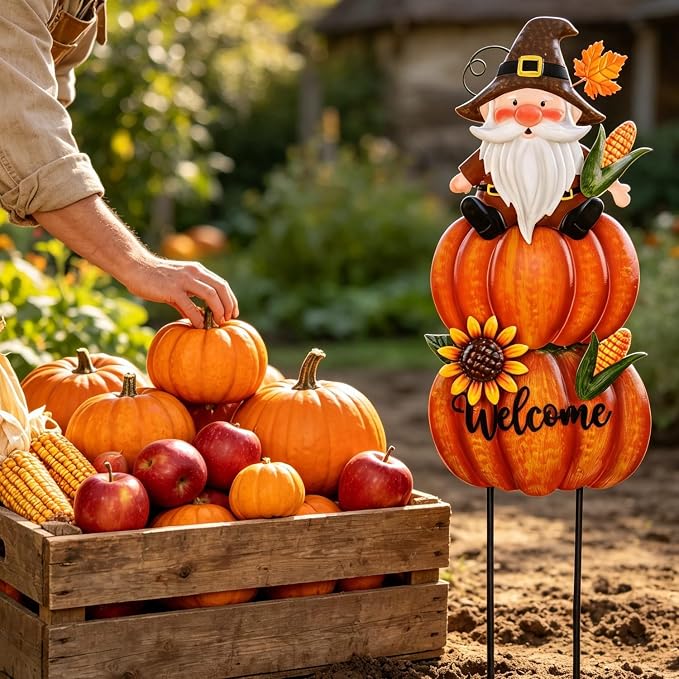 Fall Gnome Yard Stakes Large 39.3inch for Thanksgiving Decor | Metal Pumpkins for Outdoors Garden Patio Autumn Harvest Outdoor Decor