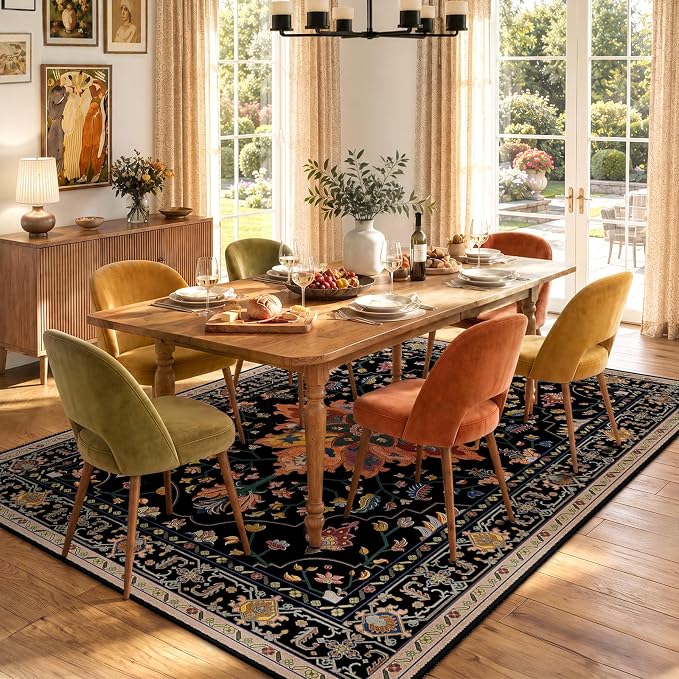 RELEANY Washable Area Rug, 5'x7', Black/Colorful | Non-Slip, Water Repellent, Pet Friendly, Easy to Clean, Vintage Floral Boho Decor for Living Room Bedroom Dining Room Office
