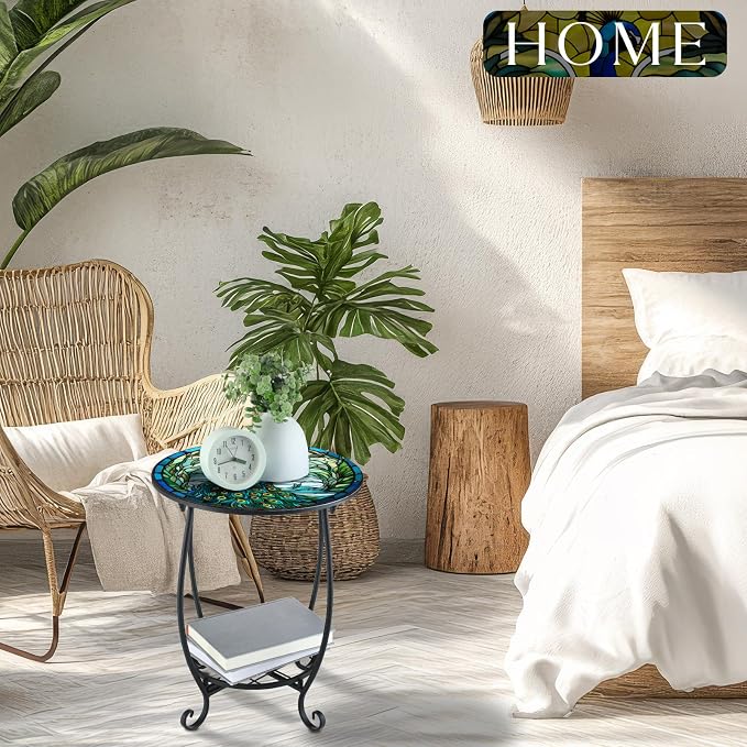 Cinnvoice Outdoor Side Table Round Small Mosaic Patio Accent Indoor End Plant Coffee Tea Table for Yard Patio Porch Garden Living Room, Bedroom(Peacock Style,16 Inch)
