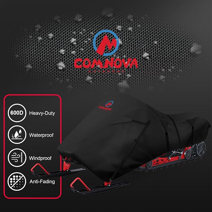 Comnova Snowmobile Cover 145 Inch - Premium 600D Outdoor Snowsled Cover, Heavy Duty & Waterproof All Weather Protection Covers, Black, Fit Up to 145" L Snowmobile
