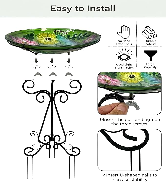 Large Bird Bath for Outside, Glass Bath Bowl with Metal Stand 28" H Standing Outdoor Birdbaths for Garden Yard Lawn Decor, Dragonfly-New