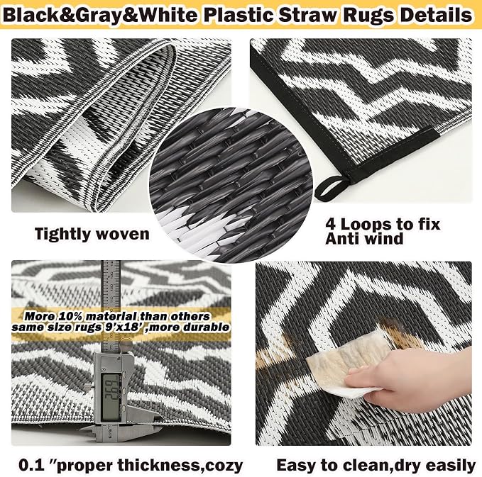 Alfolo Outdoor Rugs for Patio Rv Mats Waterproof Outdoor Rug 9x18 Large Camping Rug Reversible Tightly Woven Plastic Straw Rug Rugs, Clean Easily Mat for RV, Deck, Camping,Pool, Rv Essentials