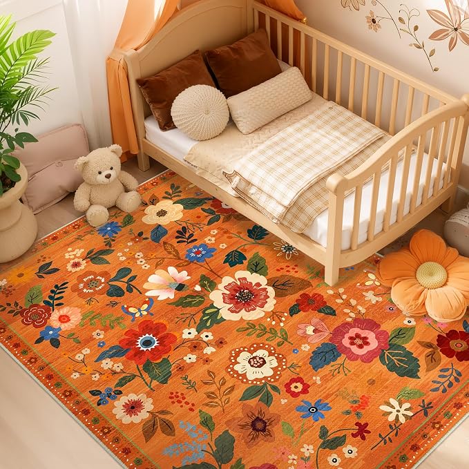 RELEANY Floral Washable 8x10 Area Rugs BurntOrange | Flower Carpet, Print, Boho, Non-Slip, Easy to Clean, Soft, Low Pile for Living Room Bedroom Kitchen Office Entryway Hallway