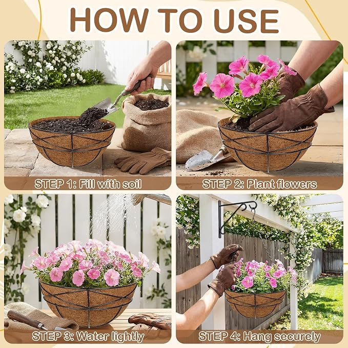 6 Pack 12 inch Metal Hanging Baskets for Plants Outdoor Metal Wire Hanging Basket Planter with Coco Fiber Liners Flower Pots for Home Porch Garden Patio, Diamond-Shaped