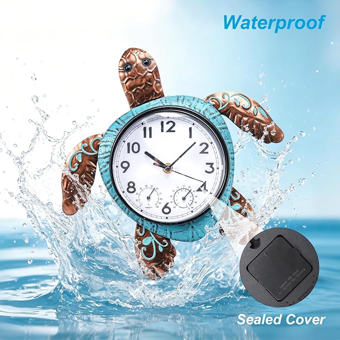 MUMTOP Turtle Outdoor Clock Waterproof, 12.6 Inch Outside Wall Clock with Thermometer Combo for Patio Pool Garden Home Decor