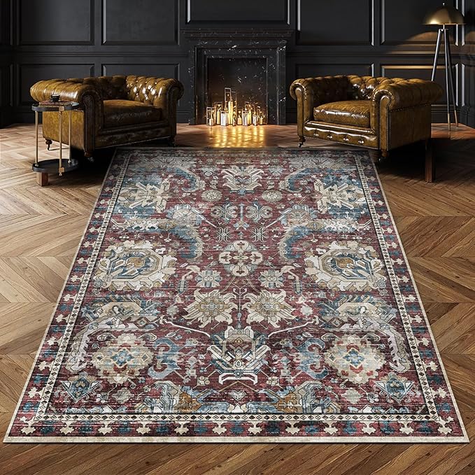 Washable Area Rugs - Perfect for Living Room, Bedroom, Kids Room, Nursery - Stain & Water Resistant Non-Slip, Pet & Child Friendly, Vintage Tribal Area Rugs (Rust and Blue, 5' x 7')