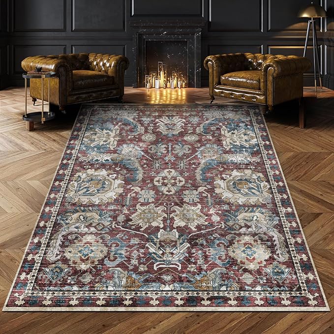 Washable Area Rugs - Perfect for Living Room, Bedroom, Kids Room, Nursery - Stain & Water Resistant Non-Slip, Pet & Child Friendly, Vintage Tribal Area Rugs (Rust and Bule, 9' x 12')
