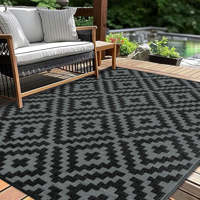 Outdoor Patio Plastic Straw Rug - 6x9 ft Outdoor Camping Rug Waterproof Reversible, Area Carpet Patios RV, Outside Porch Balcony Deck for Camper, Black & Grey