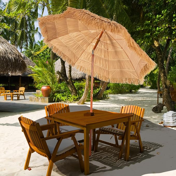 Giantex Thatched Tiki Umbrella, Hawaiian Style Patio Grass Umbrella with 8 Ribs & Tilt Adjustment, Outdoor Portable Beach Sunshade for Yard, Garden & Poolside
