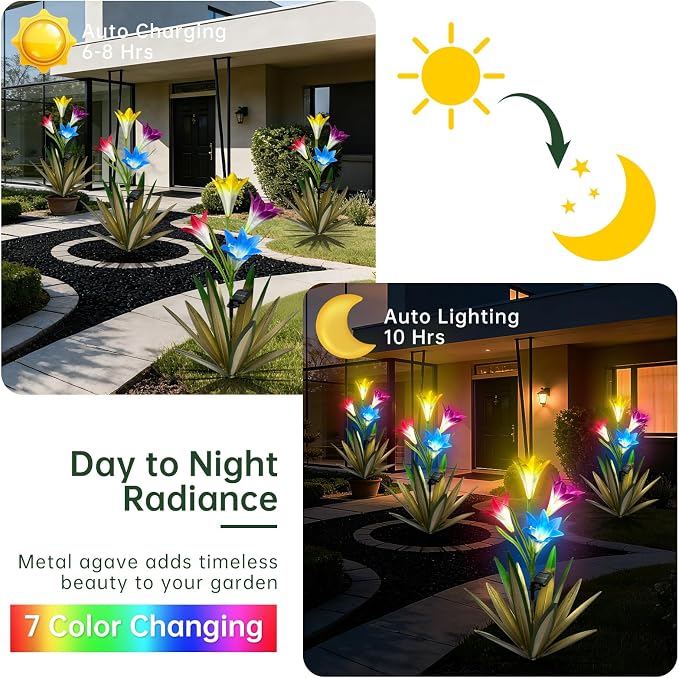 Homight Solar Metal Agave Lily Flower Garden Sculpture with LED Lights 30.3 Inch Waterproof Outdoor/Indoor Yard Decor Handmade Lawn Ornament Gift for Family Friends (2, Green)