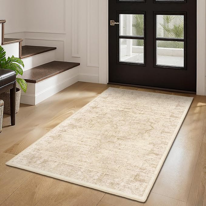 Beige 4x6 Throw Rugs for Entryway, Washable Neutral Rug with Rubber Backing for Living Room Bedroom, Vintage Medallion Distressed Area Rug for Kitchen/Bathroom/Dorm/Home Office
