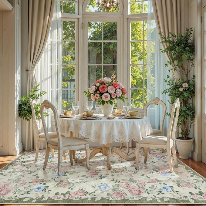 Lahome Green Floral Washable Rug 5x7, Boho Area Rug for Bedroom | Vintage Living Room Rugs Non Slip Low Pile Ultra-Thin Large Carpet for Farmhouse Dining Room Kids Playroom Nina (Cream/Green)