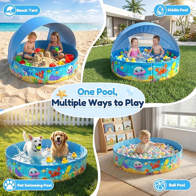 Foldable Kiddie Pool with Canopy 47IN Baby Swimming Pool for Kids | 47IN Toddler Baby Pool with UPF 50+ Shade, Carry Bag Non-Slip, Non-Inflatable Portable Water Play Pool for Backyard Beach