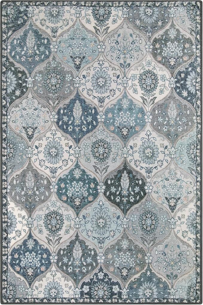 Lahome Moroccan Machine Washable Area Rugs, 4x6 Rug for Living Room Bedroom | Soft Non-Slip Rug Vintage Trellis Ultra-Thin Throw Carpet for Dining Room Office Elise, Blue