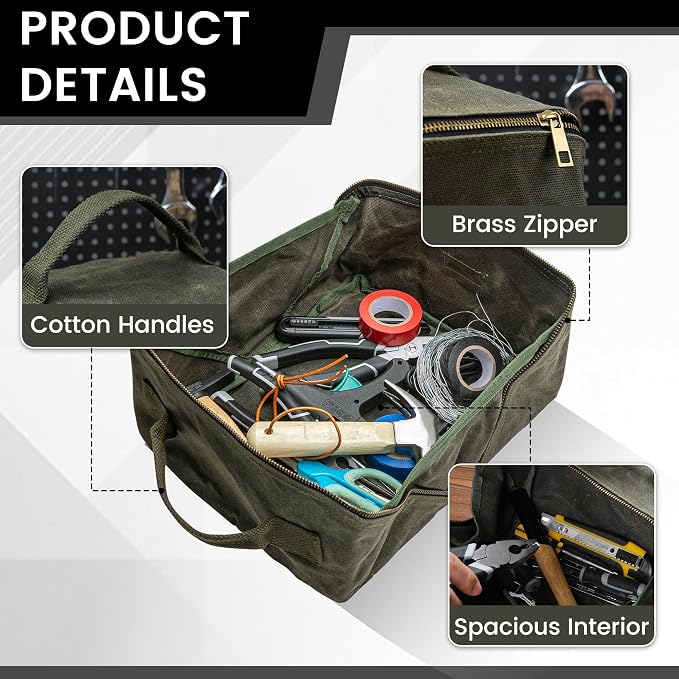 Tool Storage Pouch, Heavy Duty 16oz Waxed Canvas Tool Bag, Large - Capacity Tool Storage Organizer (Army Green) - for Electrician Contractor