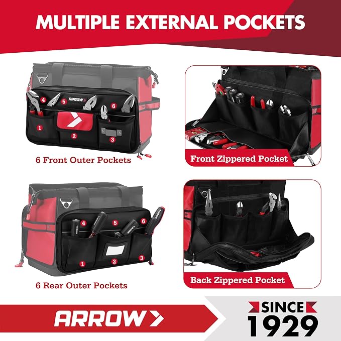 ARROW 17" Large Tool Bag with 36 Multipurpose Pockets, Tool Bags for Men Heavy Duty with Waterproof Hard Base, Reflective Band, Wide Open Mouth Toolbag for Electrician Mechanic Plumber HVAC