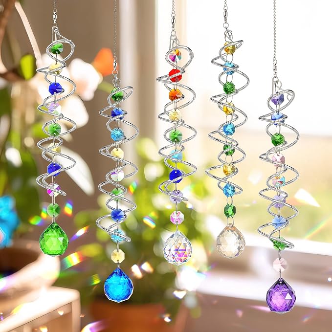 5 Pack Crystal Suncatcher Gazing Ball Spiral Wind Spinner Garden Decor | Crystal Sun Catcher Wind Spinner with Spiral Tail Gazing Ball Hanging for Indoor Outdoor Garden Patio Yard Home Decor