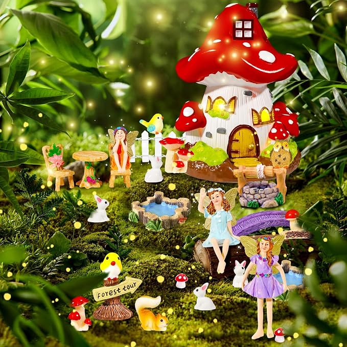 50 Pcs Fairy Garden Accessories Kit Miniature Mushroom House & Fairy Figurines Micro Landscape Kit with Animals & Furniture for DIY Crafts Outdoor Garden Mini House Decor Birthday Gift