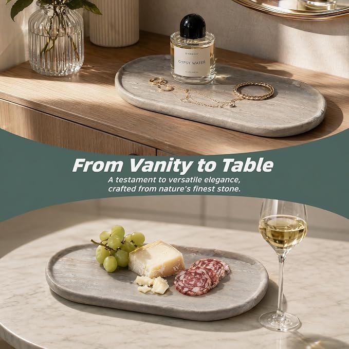 Genuine 100% Natural Marble Tray, Luxury Light Grey Stone Vanity Tray | 11.8" x 5.9" Decorative Oval Trays for Countertop Storage, Bathroom, Dresser, Kitchen, Home Decor, Jewelry Makeup Organizer