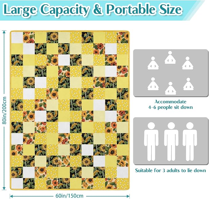 Checkered Picnic Blankets Waterproof Foldable, 60″X80″Sunflower Picnic Mat Outdoor Blanket for Grass, Cute Bee Thick Beach Blanket Sandproof Picnic Accessories for Camping Party Park Patio