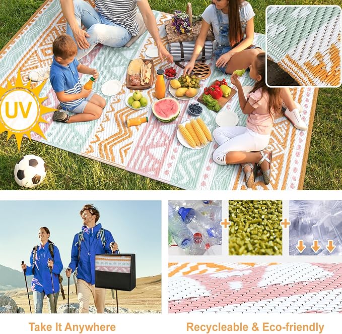 Lahome Waterproof Outdoor Rug 9x12, Reversible Outdoor Plastic Straw Rug for Patio, RV Camping Rug Picnic Mat Outside, Large Outdoor Carpet for Beach Deck Backyard Balcony(Pink/Orange,9'x 12')