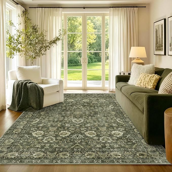 5x7 Ft Area Rugs for Living Room, Soft Non-Slip Machine Washable Rug, Vintage Stain Resistant Carpets for Bedroom Nursery Dining Room Home Decor (Green)