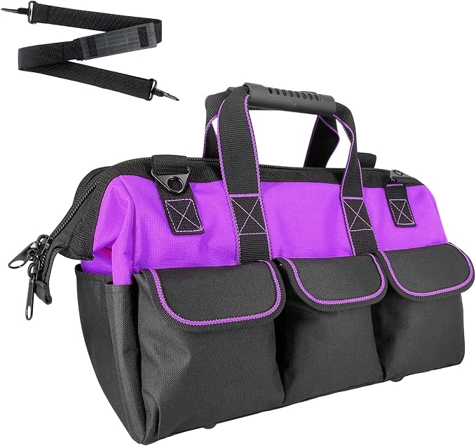 Garden Tools Bag 16 inch Wide Mouth Tool Bag with Molded Base Tool Tote for Women, Heavy Duty,600D polyester fabric (Purple color)