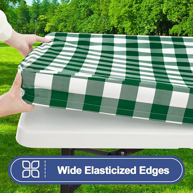 Smiry Picnic Table Cover with Bench Covers, Waterproof Elastic Fitted Tablecloths for 8 Foot Rectangle Tables, Washable Buffalo Plaid Tablecloth for Camping, Outdoor (Hunter Green & White, 30"x96")