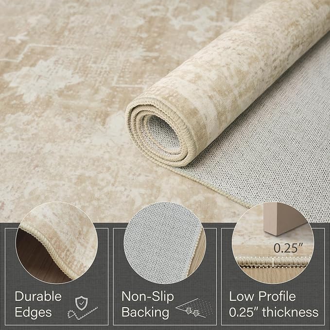 Farmhouse 9x12 Beige Large Area Rugs for Living Room, Neutral Creamy Sandy Gold Washable Rug for Bedroom Under Bed with Distressed Geometric Design, Soft Stain Resistant Low Pile Non-Slip