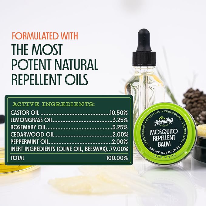 Murphy's Naturals Mosquito Repellent Balm, Plant-Based, 2 oz (Pack of 2) | Formulated with cedarwood, lemongrass & rosemary oils; DEET-free*, repels mosquitoes up to 2 hrs & ticks 1 hr; travel-size